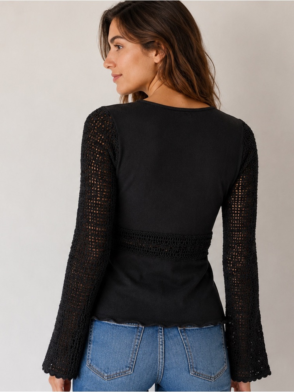 It’s Cuddle Time Black Crochet Bell Sleeve Top Women’s M Y2K Boho